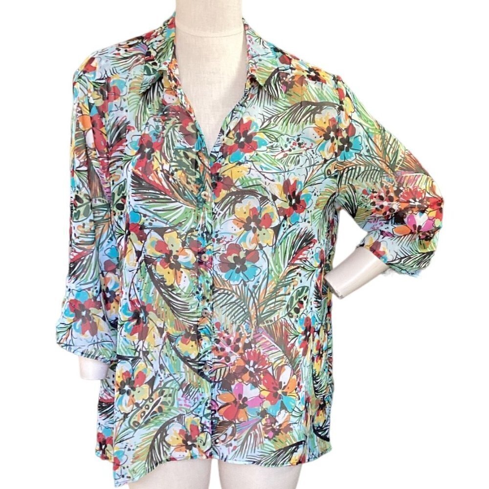 Quintessential Button-Up Roll Tab Sheer Floral Top XL 142L
